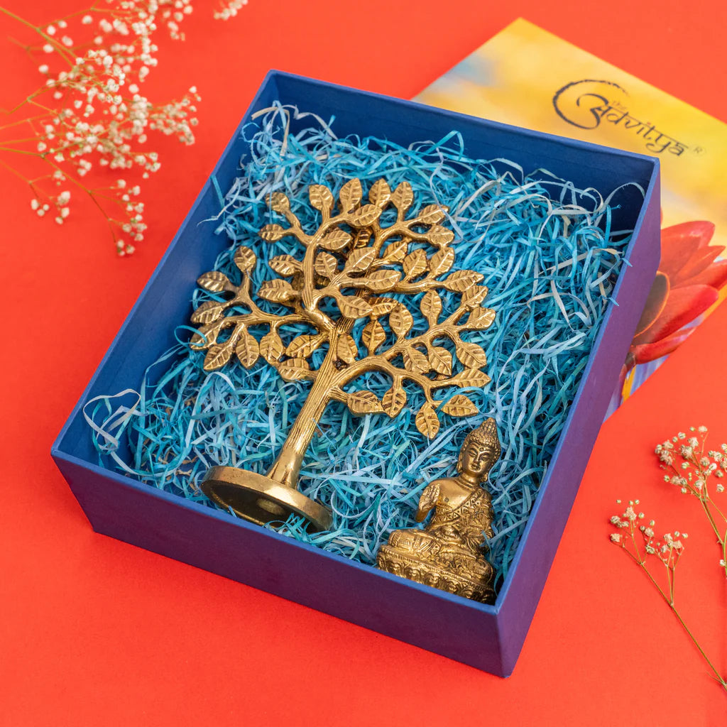 Brass Buddha with Brass Tree of Life Gift Set