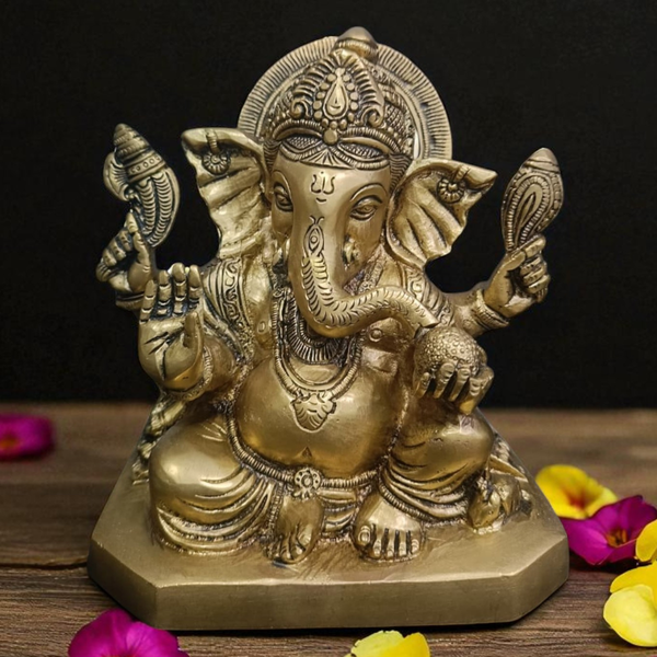 Brass Ganesha Statue in Sitting & Blessing Posture